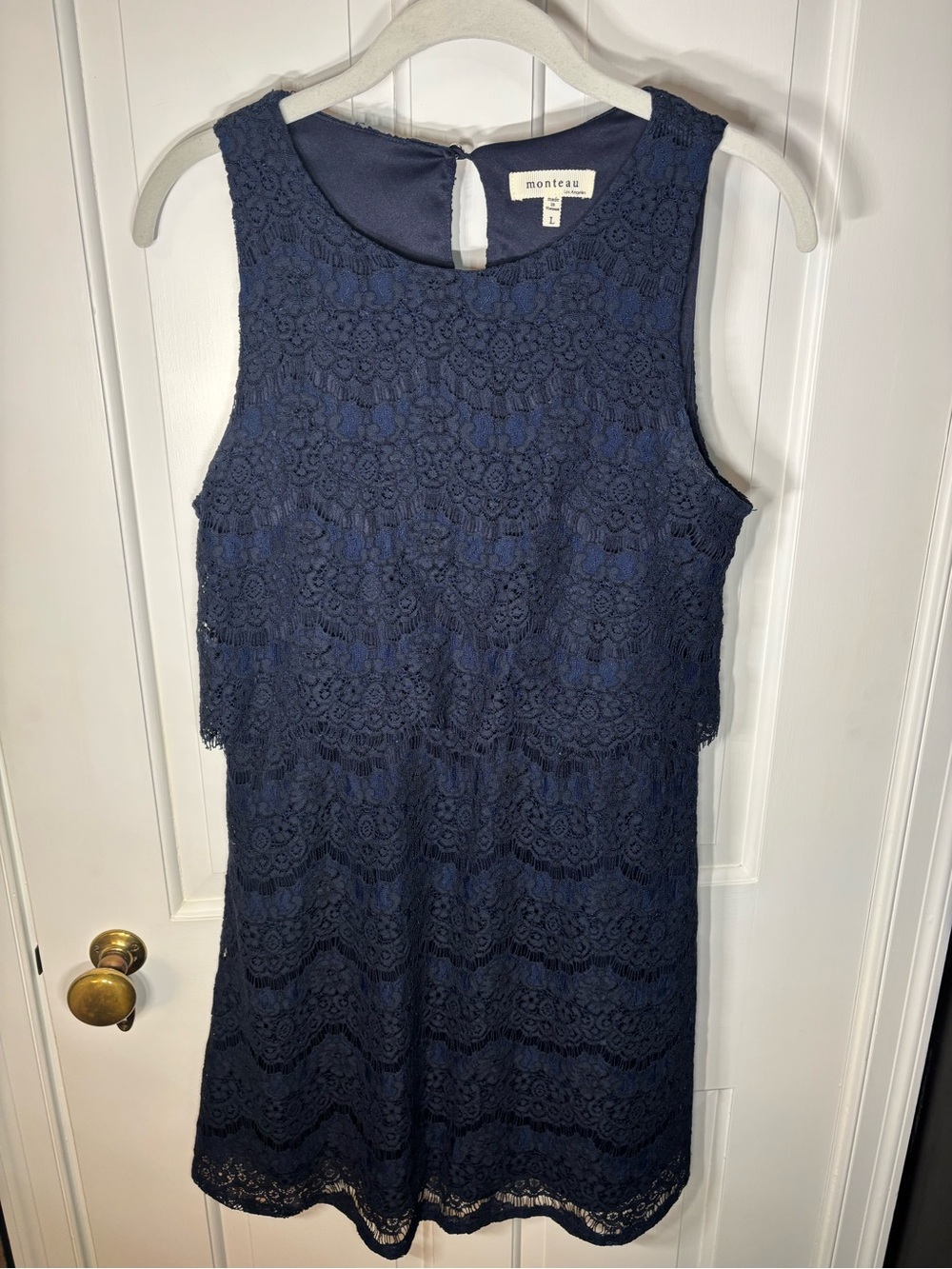 NWOT Large Monteau Navy Blue Lace Shift Overlay Dress Scalloped Floral